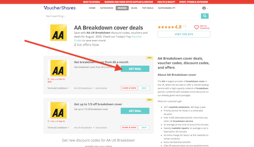 AA UK Breakdown discount codes page