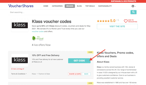 Klass discount codes page