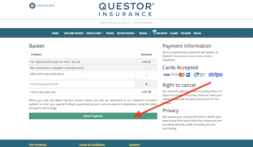 Questor Insurance check out page