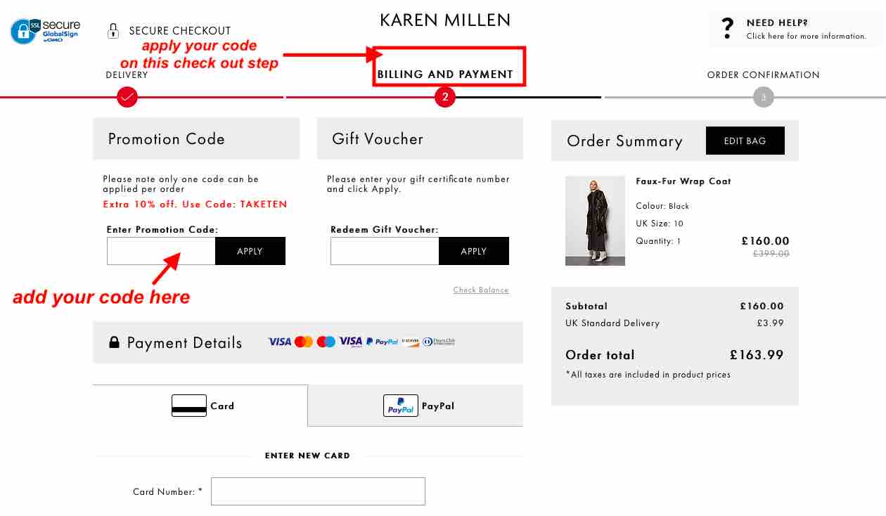 Where to add Karen Millen promotion code