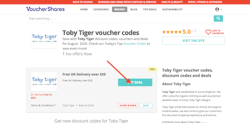 Toby Tiger voucher codes page