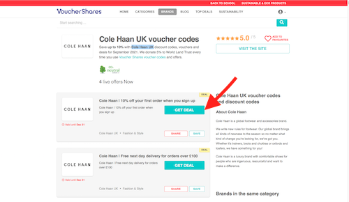 Cole Haan UK discount code page