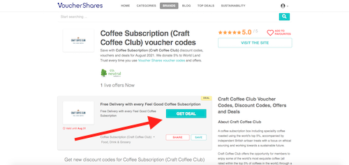 Craft Coffee Club discount codes page