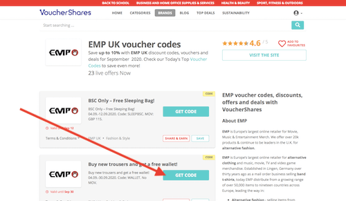 EMP voucher codes page