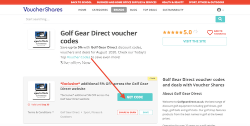 Golf Gear Direct voucher codes page