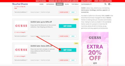 Guess voucher codes page