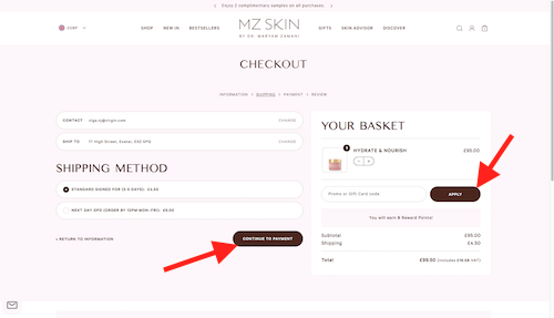 MZ Skin check out page
