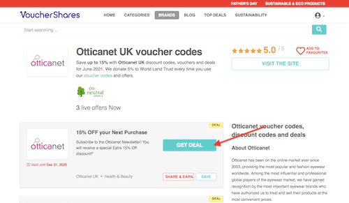 Otticanet UK voucher codes page