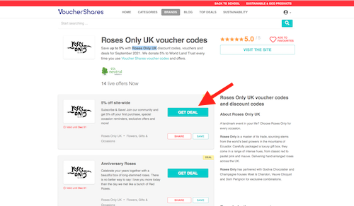 Roses Only voucher codes page