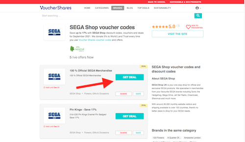 SEGA Shop discount codes page