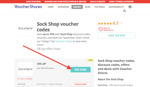 Sock Shop discount codes page