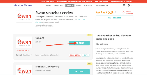 Swan voucher codes page