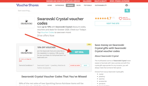 Swarovski voucher codes page