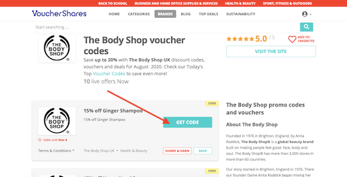 The Body Shop voucher codes page