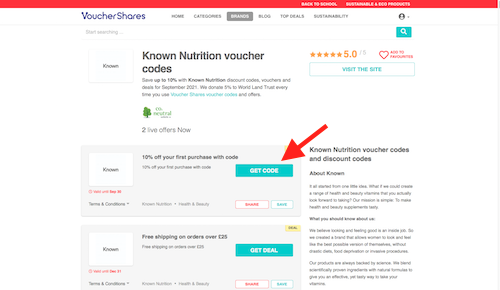 The Known Nutrition voucher codes page