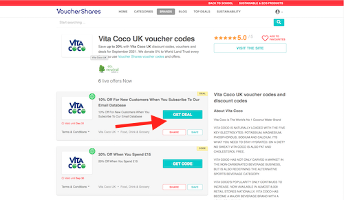 Vita Coco discount codes page