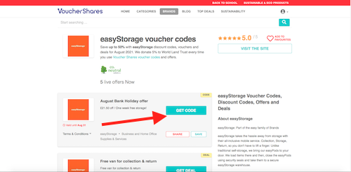 easyStorage discount codes page