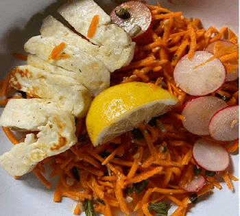 Halloumi, carrot and radish salad with lemon and seeds 